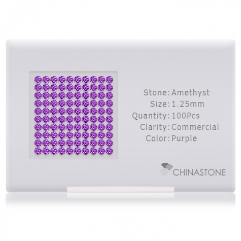 A perfectly calibrated lot of 100 high-precision cut natural amethyst gemstones, which are secured in a purpose-built box and accompanied by a Certificate of Authenticity. Each round shaped stone on average weighs 0.01 carat, measuring 1.25mm in length, 1.25mm in width and 0.813mm in depth, and features an exceptional brilliant cut and finish, along with an absolute minimum variance of color difference.