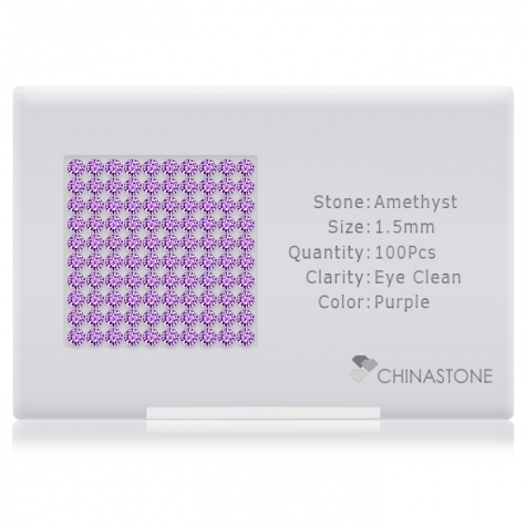A perfectly calibrated lot of 100 high-precision cut natural amethyst gemstones, which are secured in a purpose-built box and accompanied by a Certificate of Authenticity. Each round shaped stone on average weighs 0.015 carat, measuring 1.5mm in length, 1.5mm in width and 0.975mm in depth, and features an exceptional brilliant cut and finish, along with an absolute minimum variance of color difference.