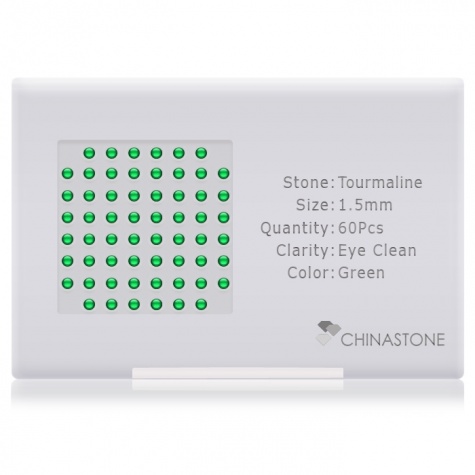A perfectly calibrated lot of 60 high-precision cut natural chrome-tourmaline gemstones, which are secured in a purpose-built box and accompanied by a Certificate of Authenticity. Each round shaped stone on average weighs 0.02 carat, measuring 1.5mm in length, 1.5mm in width and 0.975mm in depth, and features an exceptional cabochon cut and finish, along with an absolute minimum variance of color difference.