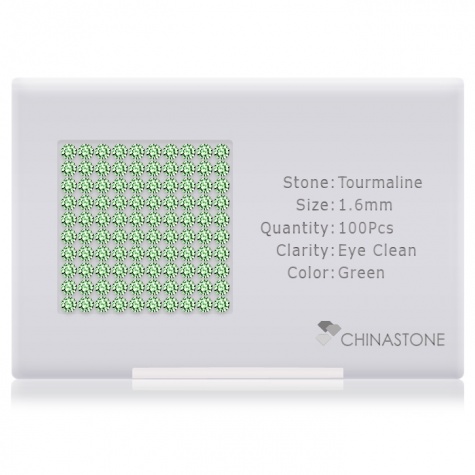 A perfectly calibrated lot of 100 high-precision cut natural chrome-tourmaline gemstones, which are secured in a purpose-built box and accompanied by a Certificate of Authenticity. Each round shaped stone on average weighs 0.018 carat, measuring 1.6mm in length, 1.6mm in width and 1.04mm in depth, and features an exceptional brilliant cut and finish, along with an absolute minimum variance of color difference.