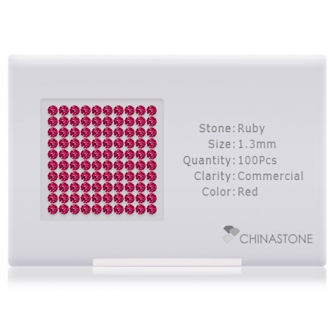 A perfectly calibrated lot of 100 high-precision cut natural ruby gemstones, which are secured in a purpose-built box and accompanied by a Certificate of Authenticity. Each round shaped stone on average weighs 0.011 carat, measuring 1.3mm in length, 1.3mm in width and 0.84mm in depth, and features an exceptional brilliant cut and finish, along with an absolute minimum variance of color difference.