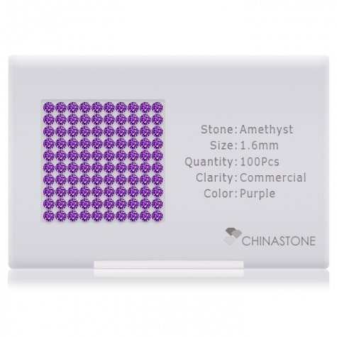 A perfectly calibrated lot of 100 high-precision cut natural amethyst gemstones, which are secured in a purpose-built box and accompanied by a Certificate of Authenticity. Each round shaped stone on average weighs 0.018 carat, measuring 1.6mm in length, 1.6mm in width and 1.04mm in depth, and features an exceptional brilliant cut and finish, along with an absolute minimum variance of color difference.