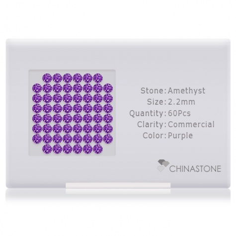A perfectly calibrated lot of 60 high-precision cut natural amethyst gemstones, which are secured in a purpose-built box and accompanied by a Certificate of Authenticity. Each round shaped stone on average weighs 0.056 carat, measuring 2.2mm in length, 2.2mm in width and 1.43mm in depth, and features an exceptional brilliant cut and finish, along with an absolute minimum variance of color difference.