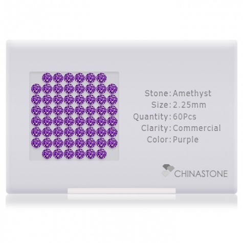 A perfectly calibrated lot of 60 high-precision cut natural amethyst gemstones, which are secured in a purpose-built box and accompanied by a Certificate of Authenticity. Each round shaped stone on average weighs 0.059 carat, measuring 2.25mm in length, 2.25mm in width and 1.46mm in depth, and features an exceptional brilliant cut and finish, along with an absolute minimum variance of color difference.
