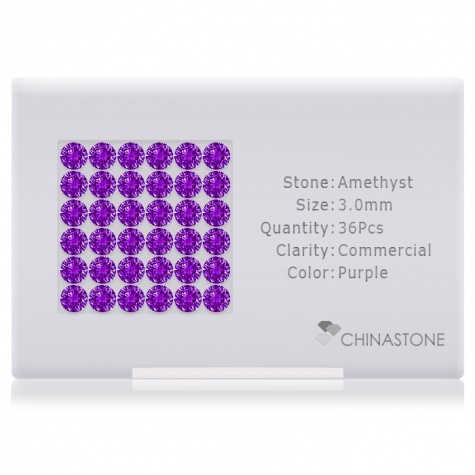 A perfectly calibrated lot of 36 high-precision cut natural amethyst gemstones, which are secured in a purpose-built box and accompanied by a Certificate of Authenticity. Each round shaped stone on average weighs 0.143 carat, measuring 3mm in length, 3mm in width and 1.95mm in depth, and features an exceptional brilliant cut and finish, along with an absolute minimum variance of color difference.