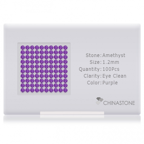 A perfectly calibrated lot of 100 high-precision cut natural amethyst gemstones, which are secured in a purpose-built box and accompanied by a Certificate of Authenticity. Each round shaped stone on average weighs 0.01 carat, measuring 1.2mm in length, 1.2mm in width and 0.78mm in depth, and features an exceptional brilliant cut and finish, along with an absolute minimum variance of color difference.