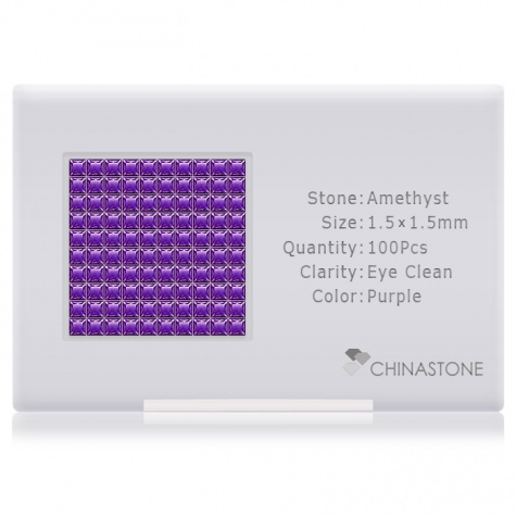 A perfectly calibrated lot of 100 high-precision cut natural amethyst gemstones, which are secured in a purpose-built box and accompanied by a Certificate of Authenticity. Each square shaped stone on average weighs 0.02 carat, measuring 1.5mm in length, 1.5mm in width and 0.98mm in depth, and features an exceptional princess cut and finish, along with an absolute minimum variance of color difference.