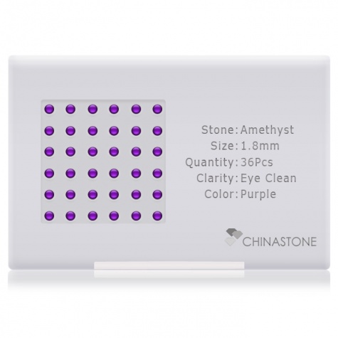 A perfectly calibrated lot of 36 high-precision cut natural amethyst gemstones, which are secured in a purpose-built box and accompanied by a Certificate of Authenticity. Each round shaped stone on average weighs 0.035 carat, measuring 1.8mm in length, 1.8mm in width and 1.17mm in depth, and features an exceptional cabochon cut and finish, along with an absolute minimum variance of color difference.