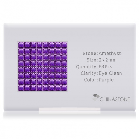 A perfectly calibrated lot of 64 high-precision cut natural amethyst gemstones, which are secured in a purpose-built box and accompanied by a Certificate of Authenticity. Each square shaped stone on average weighs 0.05 carat, measuring 2mm in length, 2mm in width and 1.36mm in depth, and features an exceptional princess cut and finish, along with an absolute minimum variance of color difference.