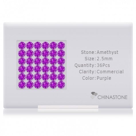 A perfectly calibrated lot of 36 high-precision cut natural amethyst gemstones, which are secured in a purpose-built box and accompanied by a Certificate of Authenticity. Each round shaped stone on average weighs 0.083 carat, measuring 2.5mm in length, 2.5mm in width and 1.62mm in depth, and features an exceptional brilliant cut and finish, along with an absolute minimum variance of color difference.