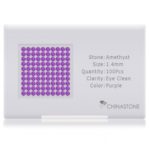 A perfectly calibrated lot of 100 high-precision cut natural amethyst gemstones, which are secured in a purpose-built box and accompanied by a Certificate of Authenticity. Each round shaped stone on average weighs 0.014 carat, measuring 1.4mm in length, 1.4mm in width and 0.91mm in depth, and features an exceptional brilliant cut and finish, along with an absolute minimum variance of color difference.