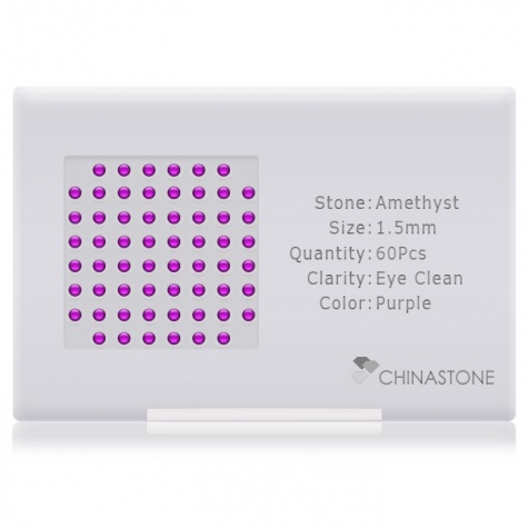 A perfectly calibrated lot of 60 high-precision cut natural amethyst gemstones, which are secured in a purpose-built box and accompanied by a Certificate of Authenticity. Each round shaped stone on average weighs 0.02 carat, measuring 1.5mm in length, 1.5mm in width and 0.975mm in depth, and features an exceptional cabochon cut and finish, along with an absolute minimum variance of color difference.