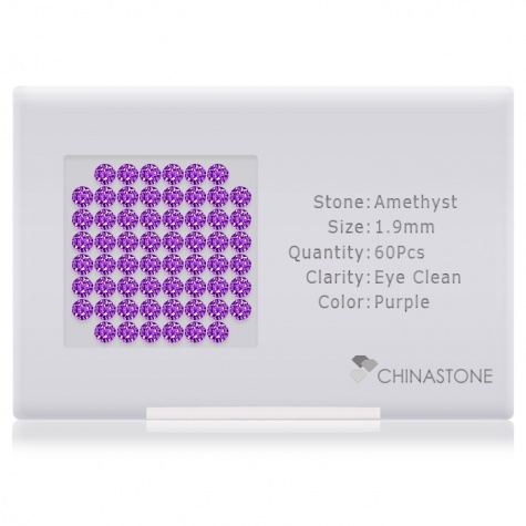 A perfectly calibrated lot of 60 high-precision cut natural amethyst gemstones, which are secured in a purpose-built box and accompanied by a Certificate of Authenticity. Each round shaped stone on average weighs 0.031 carat, measuring 1.9mm in length, 1.9mm in width and 1.235mm in depth, and features an exceptional brilliant cut and finish, along with an absolute minimum variance of color difference.