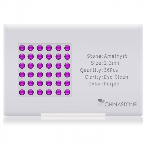 A perfectly calibrated lot of 36 high-precision cut natural amethyst gemstones, which are secured in a purpose-built box and accompanied by a Certificate of Authenticity. Each round shaped stone on average weighs 0.07 carat, measuring 2.3mm in length, 2.3mm in width and 1.49mm in depth, and features an exceptional cabochon cut and finish, along with an absolute minimum variance of color difference.