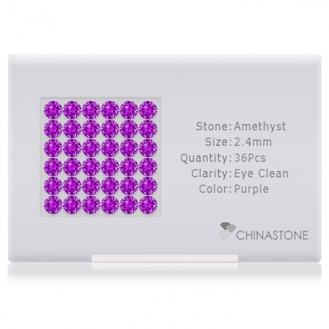 A perfectly calibrated lot of 36 high-precision cut natural amethyst gemstones, which are secured in a purpose-built box and accompanied by a Certificate of Authenticity. Each round shaped stone on average weighs 0.071 carat, measuring 2.4mm in length, 2.4mm in width and 1.56mm in depth, and features an exceptional brilliant cut and finish, along with an absolute minimum variance of color difference.