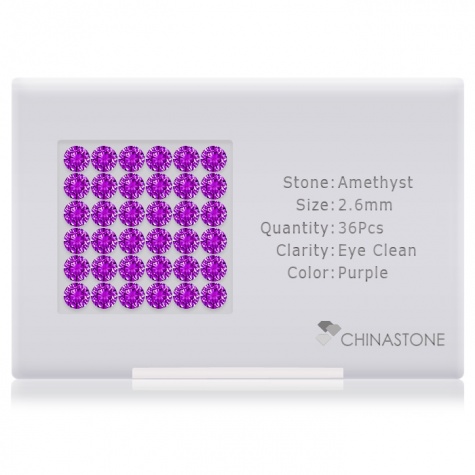 A perfectly calibrated lot of 36 high-precision cut natural amethyst gemstones, which are secured in a purpose-built box and accompanied by a Certificate of Authenticity. Each round shaped stone on average weighs 0.091 carat, measuring 2.6mm in length, 2.6mm in width and 1.69mm in depth, and features an exceptional brilliant cut and finish, along with an absolute minimum variance of color difference.