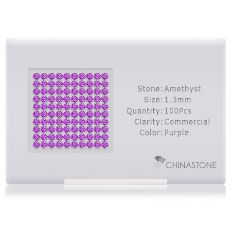 A perfectly calibrated lot of 100 high-precision cut natural amethyst gemstones, which are secured in a purpose-built box and accompanied by a Certificate of Authenticity. Each round shaped stone on average weighs 0.011 carat, measuring 1.3mm in length, 1.3mm in width and 0.845mm in depth, and features an exceptional brilliant cut and finish, along with an absolute minimum variance of color difference.