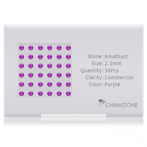 A perfectly calibrated lot of 36 high-precision cut natural amethyst gemstones, which are secured in a purpose-built box and accompanied by a Certificate of Authenticity. Each round shaped stone on average weighs 0.048 carat, measuring 2mm in length, 2mm in width and 1.3mm in depth, and features an exceptional cabochon cut and finish, along with an absolute minimum variance of color difference.
