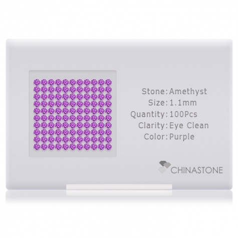 A perfectly calibrated lot of 100 high-precision cut natural amethyst gemstones, which are secured in a purpose-built box and accompanied by a Certificate of Authenticity. Each round shaped stone on average weighs 0.007 carat, measuring 1.1mm in length, 1.1mm in width and 0.715mm in depth, and features an exceptional brilliant cut and finish, along with an absolute minimum variance of color difference.