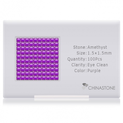 A perfectly calibrated lot of 100 high-precision cut natural amethyst gemstones, which are secured in a purpose-built box and accompanied by a Certificate of Authenticity. Each square shaped stone on average weighs 0.02 carat, measuring 1.5mm in length, 1.5mm in width and 1.02mm in depth, and features an exceptional princess cut and finish, along with an absolute minimum variance of color difference.