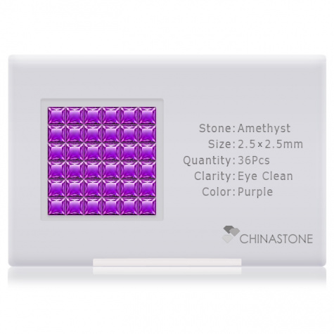 A perfectly calibrated lot of 36 high-precision cut natural amethyst gemstones, which are secured in a purpose-built box and accompanied by a Certificate of Authenticity. Each square shaped stone on average weighs 0.094 carat, measuring 2.5mm in length, 2.5mm in width and 1.62mm in depth, and features an exceptional princess cut and finish, along with an absolute minimum variance of color difference.