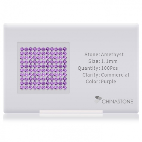 A perfectly calibrated lot of 100 high-precision cut natural amethyst gemstones, which are secured in a purpose-built box and accompanied by a Certificate of Authenticity. Each round shaped stone on average weighs 0.007 carat, measuring 1.1mm in length, 1.1mm in width and 0.715mm in depth, and features an exceptional brilliant cut and finish, along with an absolute minimum variance of color difference.