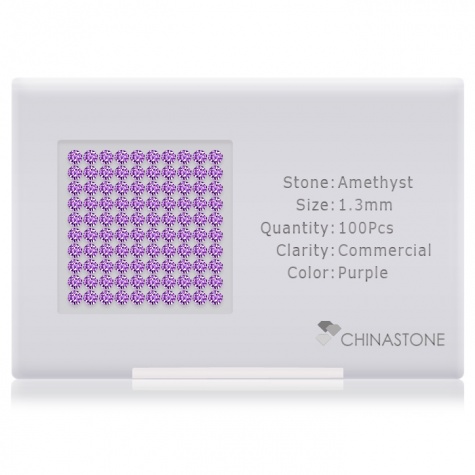 A perfectly calibrated lot of 100 high-precision cut natural amethyst gemstones, which are secured in a purpose-built box and accompanied by a Certificate of Authenticity. Each round shaped stone on average weighs 0.011 carat, measuring 1.3mm in length, 1.3mm in width and 0.845mm in depth, and features an exceptional brilliant cut and finish, along with an absolute minimum variance of color difference.