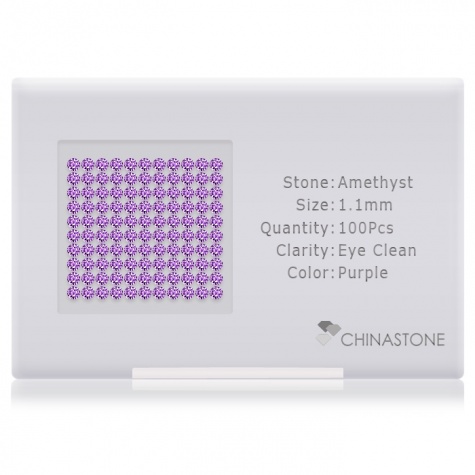 A perfectly calibrated lot of 100 high-precision cut natural amethyst gemstones, which are secured in a purpose-built box and accompanied by a Certificate of Authenticity. Each round shaped stone on average weighs 0.007 carat, measuring 1.1mm in length, 1.1mm in width and 0.715mm in depth, and features an exceptional brilliant cut and finish, along with an absolute minimum variance of color difference.