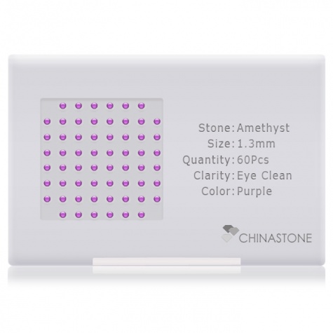 A perfectly calibrated lot of 60 high-precision cut natural amethyst gemstones, which are secured in a purpose-built box and accompanied by a Certificate of Authenticity. Each round shaped stone on average weighs 0.013 carat, measuring 1.3mm in length, 1.3mm in width and 0.845mm in depth, and features an exceptional cabochon cut and finish, along with an absolute minimum variance of color difference.