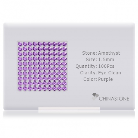 A perfectly calibrated lot of 100 high-precision cut natural amethyst gemstones, which are secured in a purpose-built box and accompanied by a Certificate of Authenticity. Each round shaped stone on average weighs 0.015 carat, measuring 1.5mm in length, 1.5mm in width and 0.975mm in depth, and features an exceptional brilliant cut and finish, along with an absolute minimum variance of color difference.