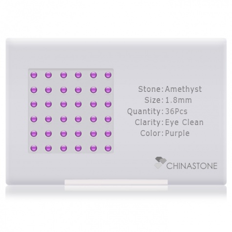 A perfectly calibrated lot of 36 high-precision cut natural amethyst gemstones, which are secured in a purpose-built box and accompanied by a Certificate of Authenticity. Each round shaped stone on average weighs 0.035 carat, measuring 1.8mm in length, 1.8mm in width and 1.17mm in depth, and features an exceptional cabochon cut and finish, along with an absolute minimum variance of color difference.