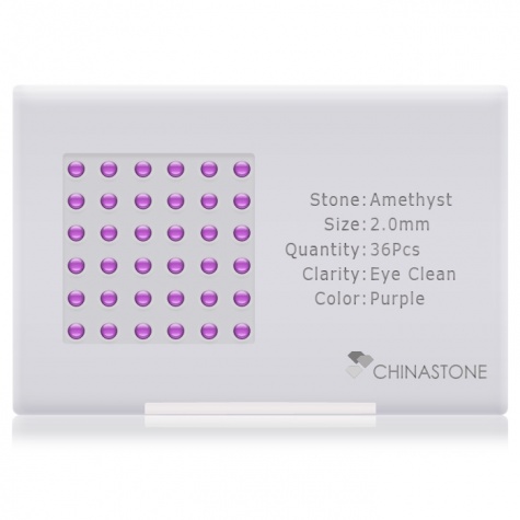 A perfectly calibrated lot of 36 high-precision cut natural amethyst gemstones, which are secured in a purpose-built box and accompanied by a Certificate of Authenticity. Each round shaped stone on average weighs 0.048 carat, measuring 2mm in length, 2mm in width and 1.3mm in depth, and features an exceptional cabochon cut and finish, along with an absolute minimum variance of color difference.