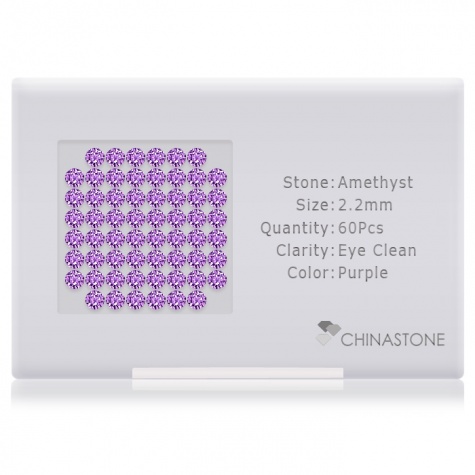 A perfectly calibrated lot of 60 high-precision cut natural amethyst gemstones, which are secured in a purpose-built box and accompanied by a Certificate of Authenticity. Each round shaped stone on average weighs 0.056 carat, measuring 2.2mm in length, 2.2mm in width and 1.43mm in depth, and features an exceptional brilliant cut and finish, along with an absolute minimum variance of color difference.