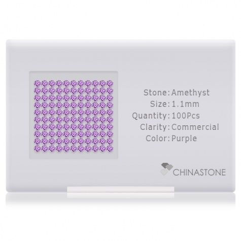 A perfectly calibrated lot of 100 high-precision cut natural amethyst gemstones, which are secured in a purpose-built box and accompanied by a Certificate of Authenticity. Each round shaped stone on average weighs 0.007 carat, measuring 1.1mm in length, 1.1mm in width and 0.715mm in depth, and features an exceptional brilliant cut and finish, along with an absolute minimum variance of color difference.