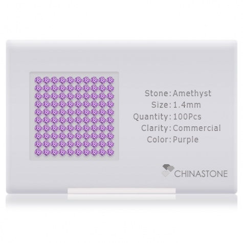 A perfectly calibrated lot of 100 high-precision cut natural amethyst gemstones, which are secured in a purpose-built box and accompanied by a Certificate of Authenticity. Each round shaped stone on average weighs 0.014 carat, measuring 1.4mm in length, 1.4mm in width and 0.91mm in depth, and features an exceptional brilliant cut and finish, along with an absolute minimum variance of color difference.