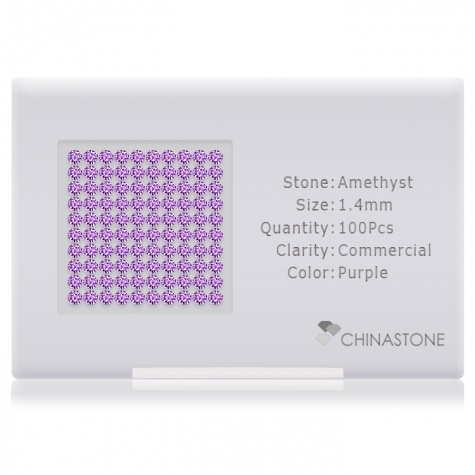 A perfectly calibrated lot of 100 high-precision cut natural amethyst gemstones, which are secured in a purpose-built box and accompanied by a Certificate of Authenticity. Each round shaped stone on average weighs 0.014 carat, measuring 1.4mm in length, 1.4mm in width and 0.91mm in depth, and features an exceptional brilliant cut and finish, along with an absolute minimum variance of color difference.