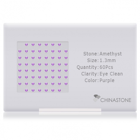 A perfectly calibrated lot of 60 high-precision cut natural amethyst gemstones, which are secured in a purpose-built box and accompanied by a Certificate of Authenticity. Each round shaped stone on average weighs 0.013 carat, measuring 1.3mm in length, 1.3mm in width and 0.845mm in depth, and features an exceptional cabochon cut and finish, along with an absolute minimum variance of color difference.