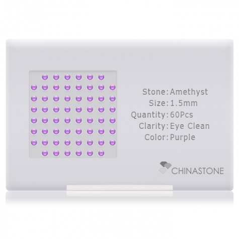A perfectly calibrated lot of 60 high-precision cut natural amethyst gemstones, which are secured in a purpose-built box and accompanied by a Certificate of Authenticity. Each round shaped stone on average weighs 0.02 carat, measuring 1.5mm in length, 1.5mm in width and 0.975mm in depth, and features an exceptional cabochon cut and finish, along with an absolute minimum variance of color difference.