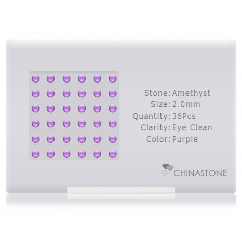 A perfectly calibrated lot of 36 high-precision cut natural amethyst gemstones, which are secured in a purpose-built box and accompanied by a Certificate of Authenticity. Each round shaped stone on average weighs 0.048 carat, measuring 2mm in length, 2mm in width and 1.3mm in depth, and features an exceptional cabochon cut and finish, along with an absolute minimum variance of color difference.