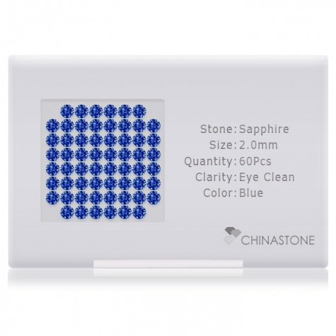 A perfectly calibrated lot of 60 high-precision cut natural sapphire gemstones, which are secured in a purpose-built box and accompanied by a Certificate of Authenticity. Each round shaped stone on average weighs 0.036 carat, measuring 2mm in length, 2mm in width and 1.3mm in depth, and features an exceptional brilliant cut and finish, along with an absolute minimum variance of color difference.