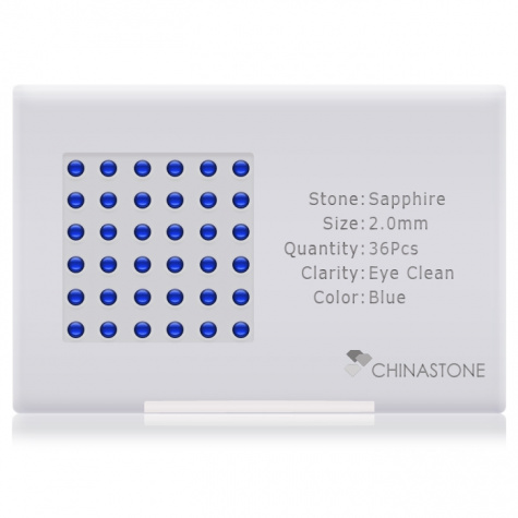 A perfectly calibrated lot of 36 high-precision cut natural sapphire gemstones, which are secured in a purpose-built box and accompanied by a Certificate of Authenticity. Each round shaped stone on average weighs 0.048 carat, measuring 2mm in length, 2mm in width and 1.3mm in depth, and features an exceptional cabochon cut and finish, along with an absolute minimum variance of color difference.