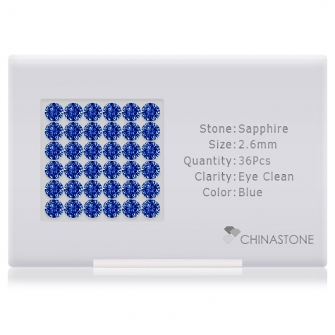 A perfectly calibrated lot of 36 high-precision cut natural sapphire gemstones, which are secured in a purpose-built box and accompanied by a Certificate of Authenticity. Each round shaped stone on average weighs 0.091 carat, measuring 2.6mm in length, 2.6mm in width and 1.69mm in depth, and features an exceptional brilliant cut and finish, along with an absolute minimum variance of color difference.