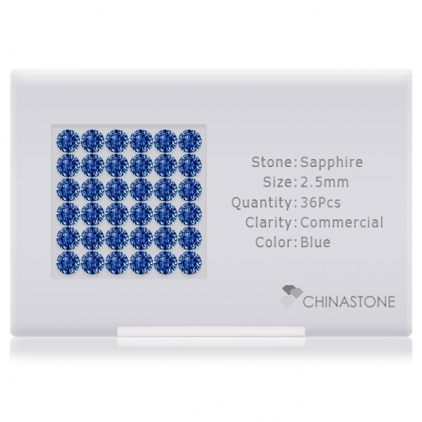 A perfectly calibrated lot of 36 high-precision cut natural sapphire gemstones, which are secured in a purpose-built box and accompanied by a Certificate of Authenticity. Each round shaped stone on average weighs 0.083 carat, measuring 2.5mm in length, 2.5mm in width and 1.625mm in depth, and features an exceptional brilliant cut and finish, along with an absolute minimum variance of color difference.