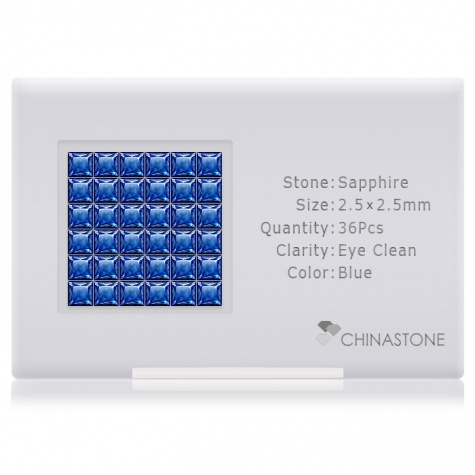 A perfectly calibrated lot of 36 high-precision cut natural sapphire gemstones, which are secured in a purpose-built box and accompanied by a Certificate of Authenticity. Each square shaped stone on average weighs 0.094 carat, measuring 2.5mm in length, 2.5mm in width and 1.62mm in depth, and features an exceptional princess cut and finish, along with an absolute minimum variance of color difference.
