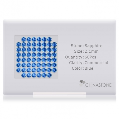 A perfectly calibrated lot of 60 high-precision cut natural sapphire gemstones, which are secured in a purpose-built box and accompanied by a Certificate of Authenticity. Each round shaped stone on average weighs 0.045 carat, measuring 2.1mm in length, 2.1mm in width and 1.36mm in depth, and features an exceptional brilliant cut and finish, along with an absolute minimum variance of color difference.