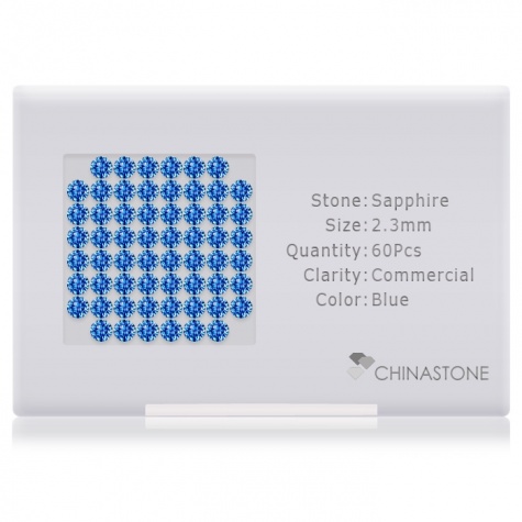 A perfectly calibrated lot of 60 high-precision cut natural sapphire gemstones, which are secured in a purpose-built box and accompanied by a Certificate of Authenticity. Each round shaped stone on average weighs 0.063 carat, measuring 2.3mm in length, 2.3mm in width and 1.5mm in depth, and features an exceptional brilliant cut and finish, along with an absolute minimum variance of color difference.