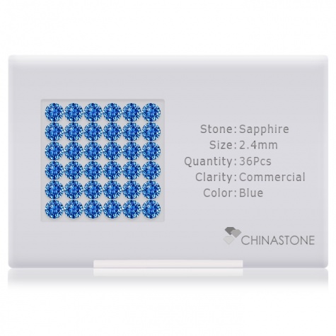 A perfectly calibrated lot of 36 high-precision cut natural sapphire gemstones, which are secured in a purpose-built box and accompanied by a Certificate of Authenticity. Each round shaped stone on average weighs 0.071 carat, measuring 2.4mm in length, 2.4mm in width and 1.56mm in depth, and features an exceptional brilliant cut and finish, along with an absolute minimum variance of color difference.