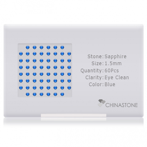 A perfectly calibrated lot of 60 high-precision cut natural sapphire gemstones, which are secured in a purpose-built box and accompanied by a Certificate of Authenticity. Each round shaped stone on average weighs 0.02 carat, measuring 1.5mm in length, 1.5mm in width and 0.98mm in depth, and features an exceptional cabochon cut and finish, along with an absolute minimum variance of color difference.