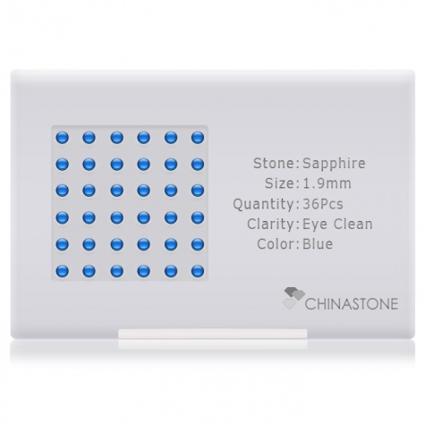 A perfectly calibrated lot of 36 high-precision cut natural sapphire gemstones, which are secured in a purpose-built box and accompanied by a Certificate of Authenticity. Each round shaped stone on average weighs 0.04 carat, measuring 1.9mm in length, 1.9mm in width and 1.235mm in depth, and features an exceptional cabochon cut and finish, along with an absolute minimum variance of color difference.