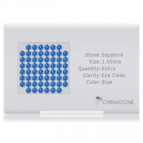 A perfectly calibrated lot of 60 high-precision cut natural sapphire gemstones, which are secured in a purpose-built box and accompanied by a Certificate of Authenticity. Each round shaped stone on average weighs 0.04 carat, measuring 1.95mm in length, 1.95mm in width and 1.268mm in depth, and features an exceptional brilliant cut and finish, along with an absolute minimum variance of color difference.